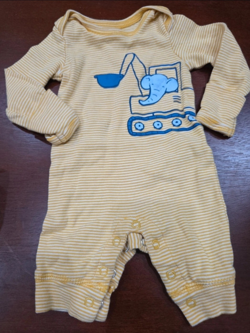 Carter's Yellow Striped Long-Sleeve One-Piece with Blue Elephant Excavator